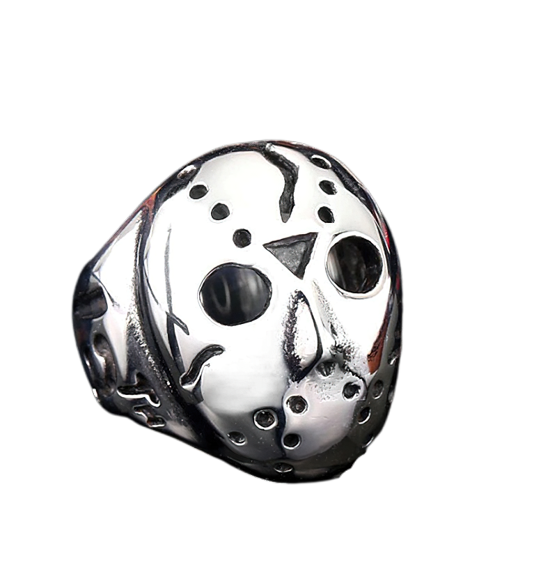 Unisex stainless steel Jason mask ring showcasing an alternative fashion style, perfect for fashion enthusiasts.