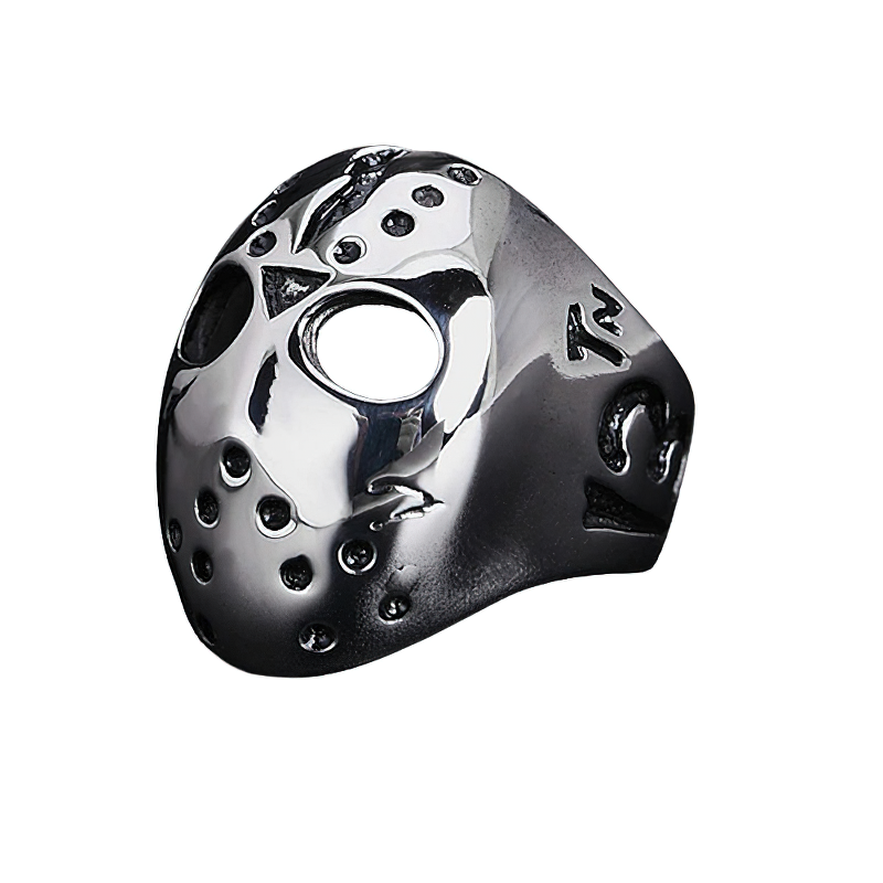 Unisex stainless steel Jason mask ring, detailed alternative fashion jewelry piece for men and women.