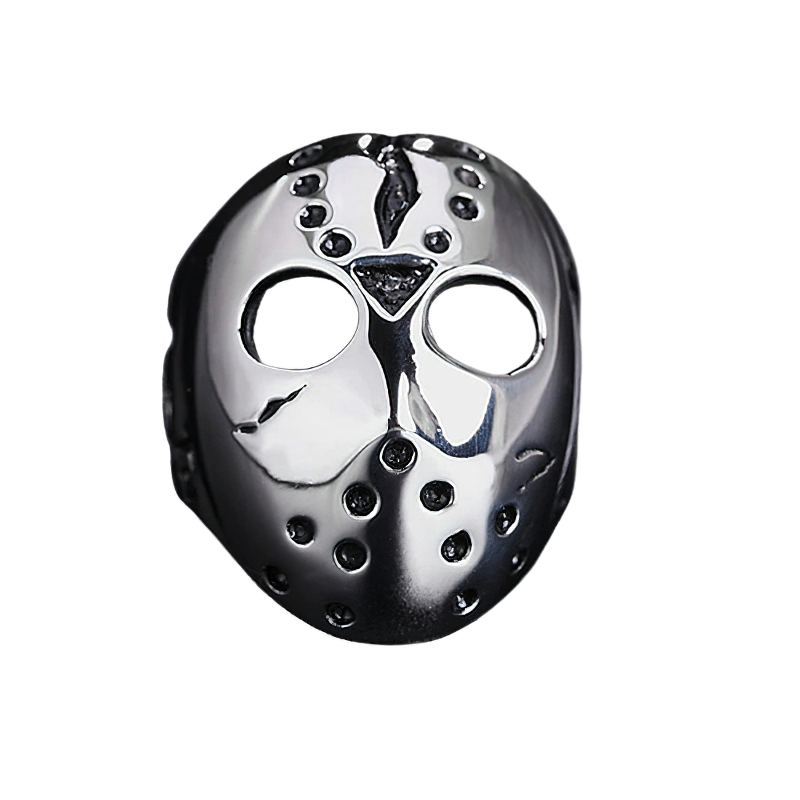 Jason mask ring in polished stainless steel, perfect for unisex alternative fashion jewelry.
