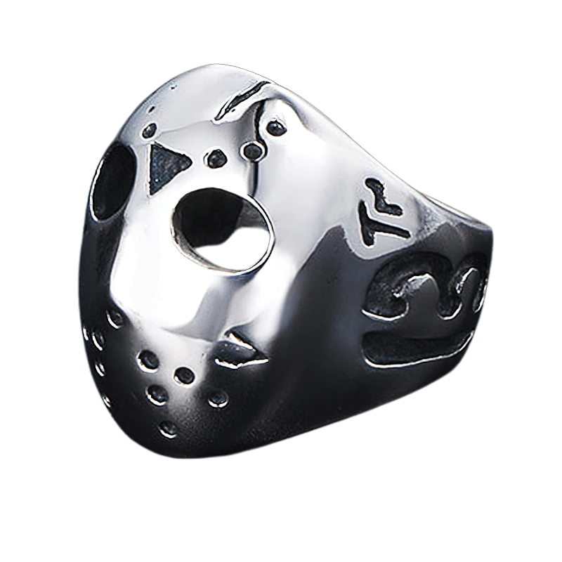 Unisex Jason mask ring made of stainless steel, perfect for alternative fashion lovers. Unique, detailed design for all styles.