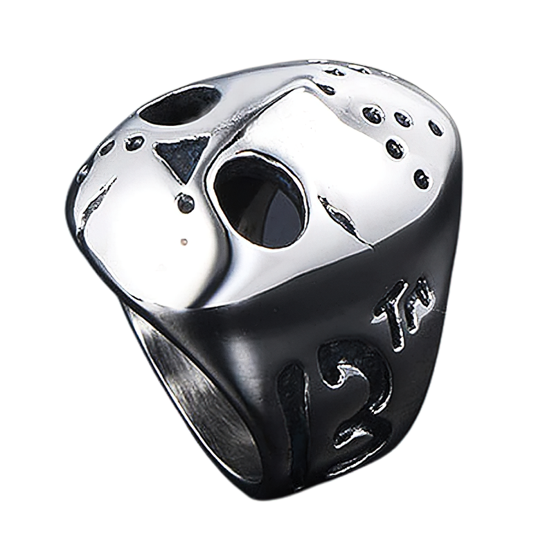 Unisex Jason Mask Ring in stainless steel, featuring a detailed design, perfect for alternative fashion lovers.