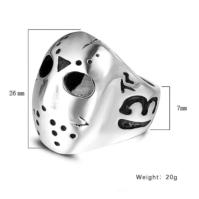 Unisex Jason Mask Ring in stainless steel, featuring unique design and dimensions, ideal for alternative fashion lovers.