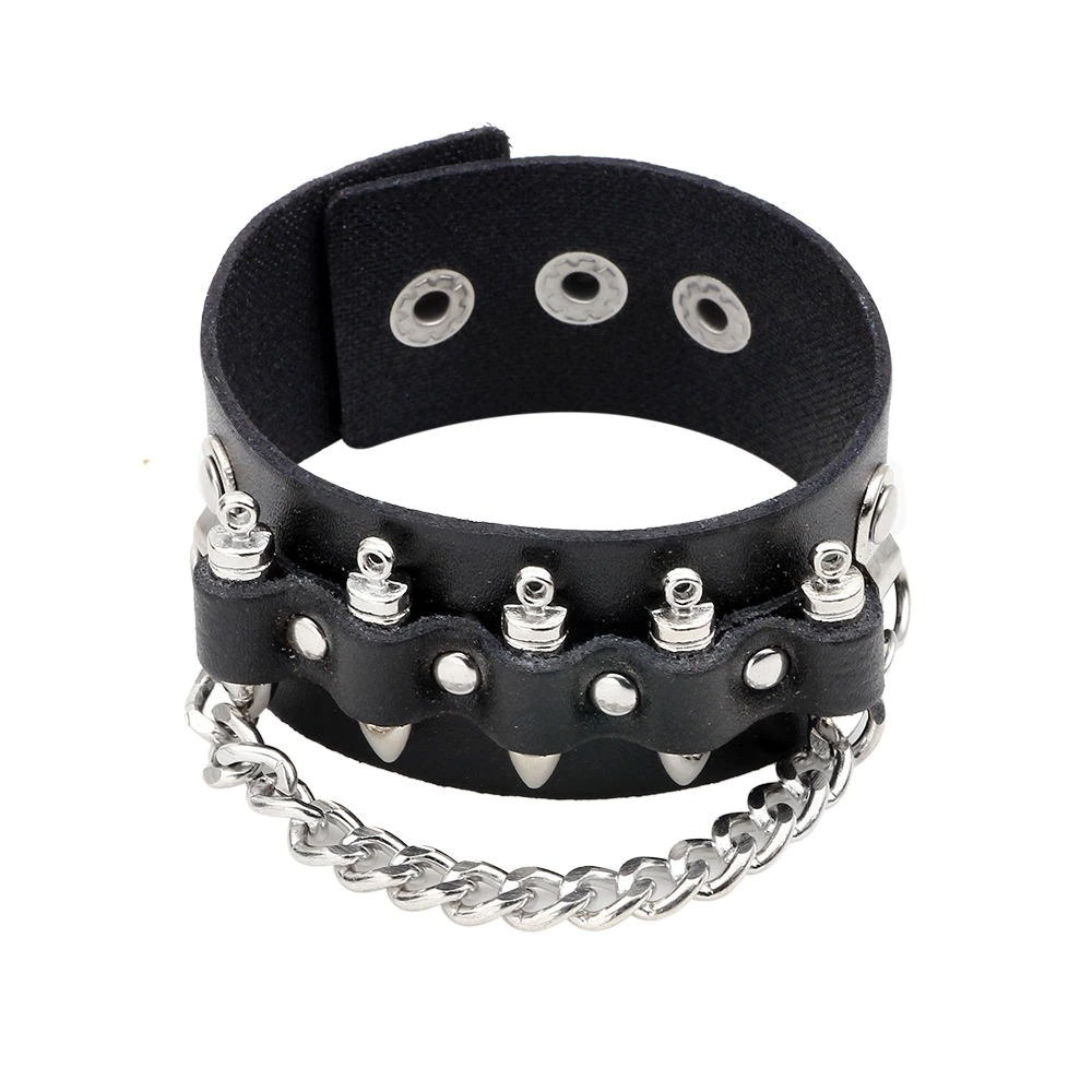 Jewelry Black Leather Bracelet for Men / Biker's Bracelet with Rope Chain - HARD'N'HEAVY
