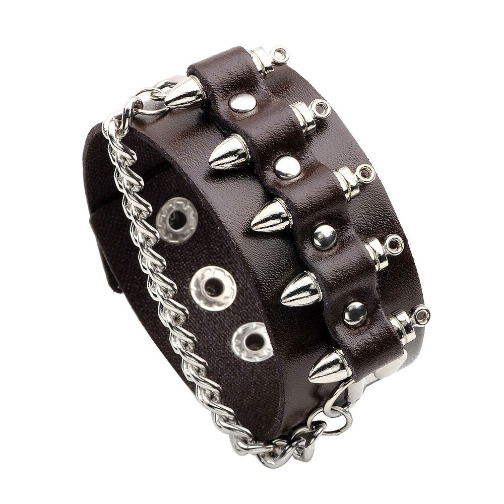 Jewelry Black Leather Bracelet for Men / Biker's Bracelet with Rope Chain - HARD'N'HEAVY