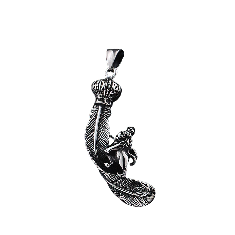 Stainless steel king lion on feather pendant, unique unisex alternative fashion accessory in gothic style.