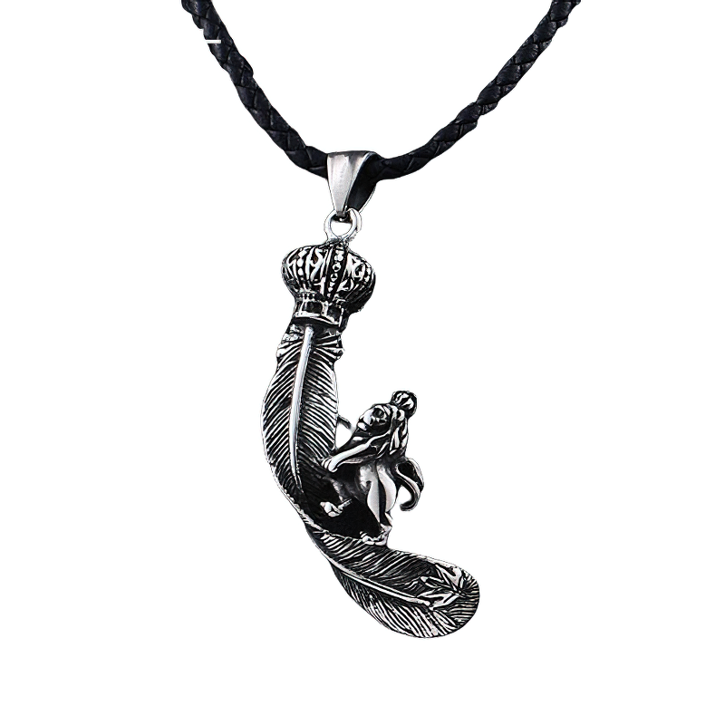 Unisex stainless steel king lion pendant on a feather, gothic style accessory, perfect for casual fashion.