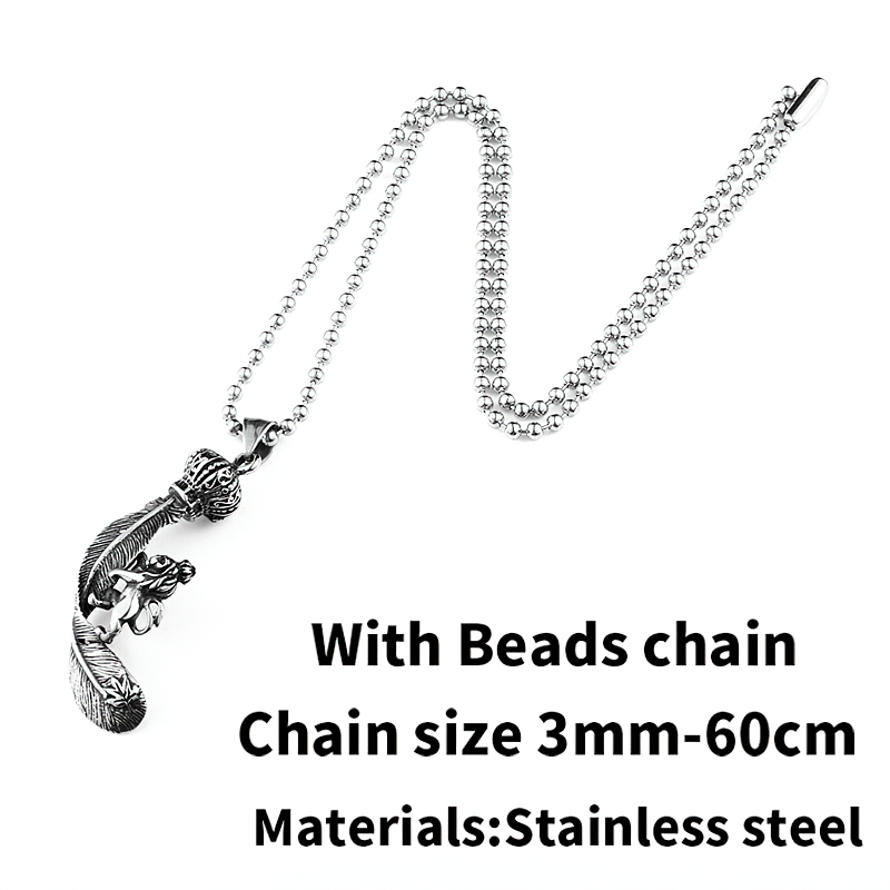 Unisex stainless steel King Lion on feather pendant with beads chain, stylish gothic accessory.
