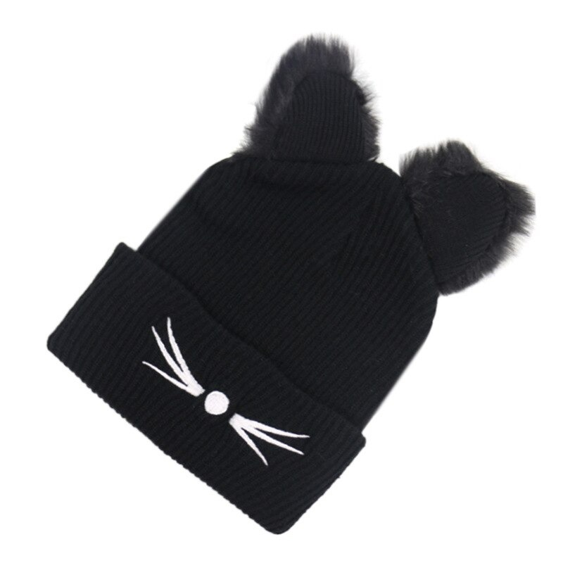 Knitted Hat With Embroidered Cat Ears / Warm Beanies Cap for Women in Alternative Fashion - HARD'N'HEAVY