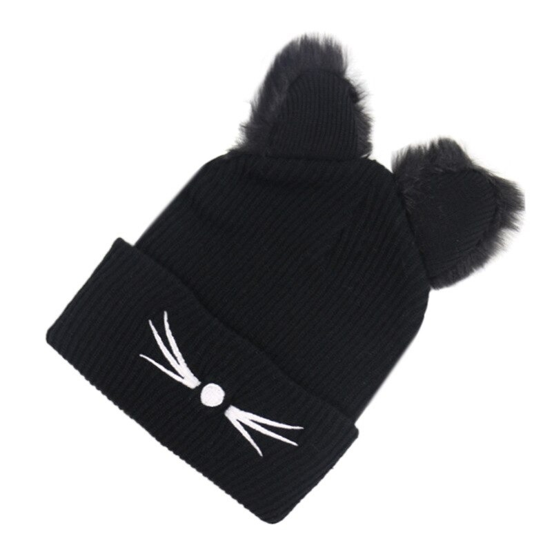 Warm black knitted hat with fluffy cat ears and embroidered nose, perfect for trendy women in alternative fashion.