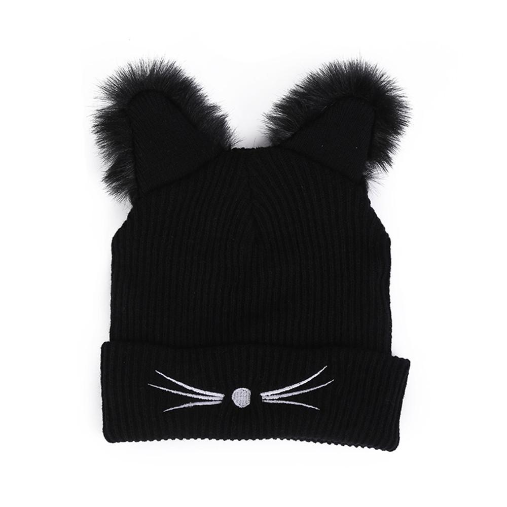 Warm knitted black hat with fluffy cat ears and embroidered whiskers for women's alternative fashion.