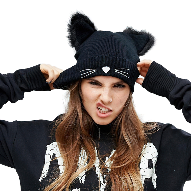 Trendy black knitted beanie with cat ears and cute nose, perfect winter accessory for women in alternative fashion.