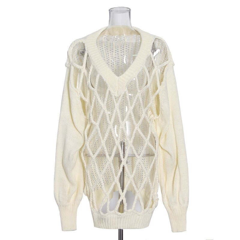 Knitted Thin V-Neck Long Sleeve Women Sweater / Hollow Out Loose Pullover - HARD'N'HEAVY
