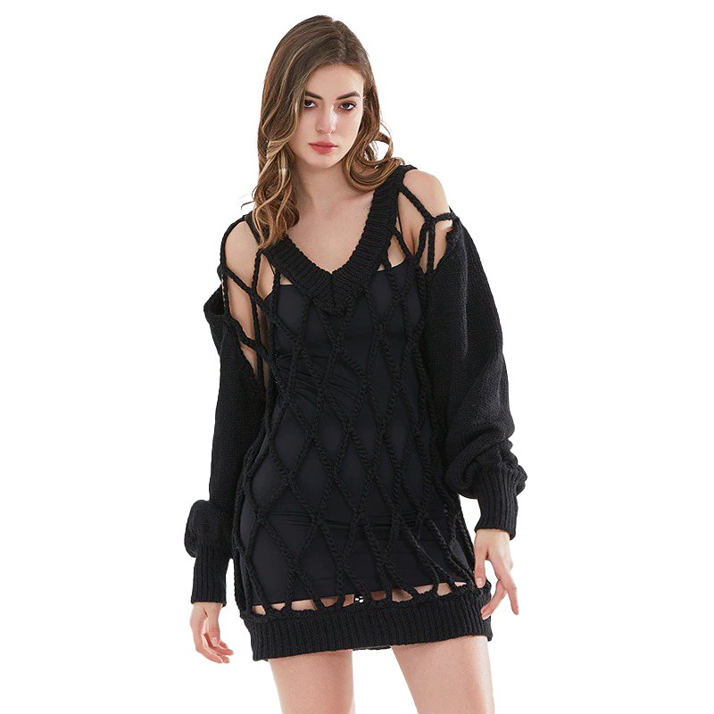 Knitted Thin V-Neck Long Sleeve Women Sweater / Rock Style Hollow Out Loose Pullover - HARD'N'HEAVY