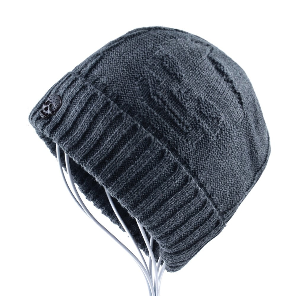Knitted wool beanie hat for men featuring a stylish skull pattern, perfect for alternative winter fashion.