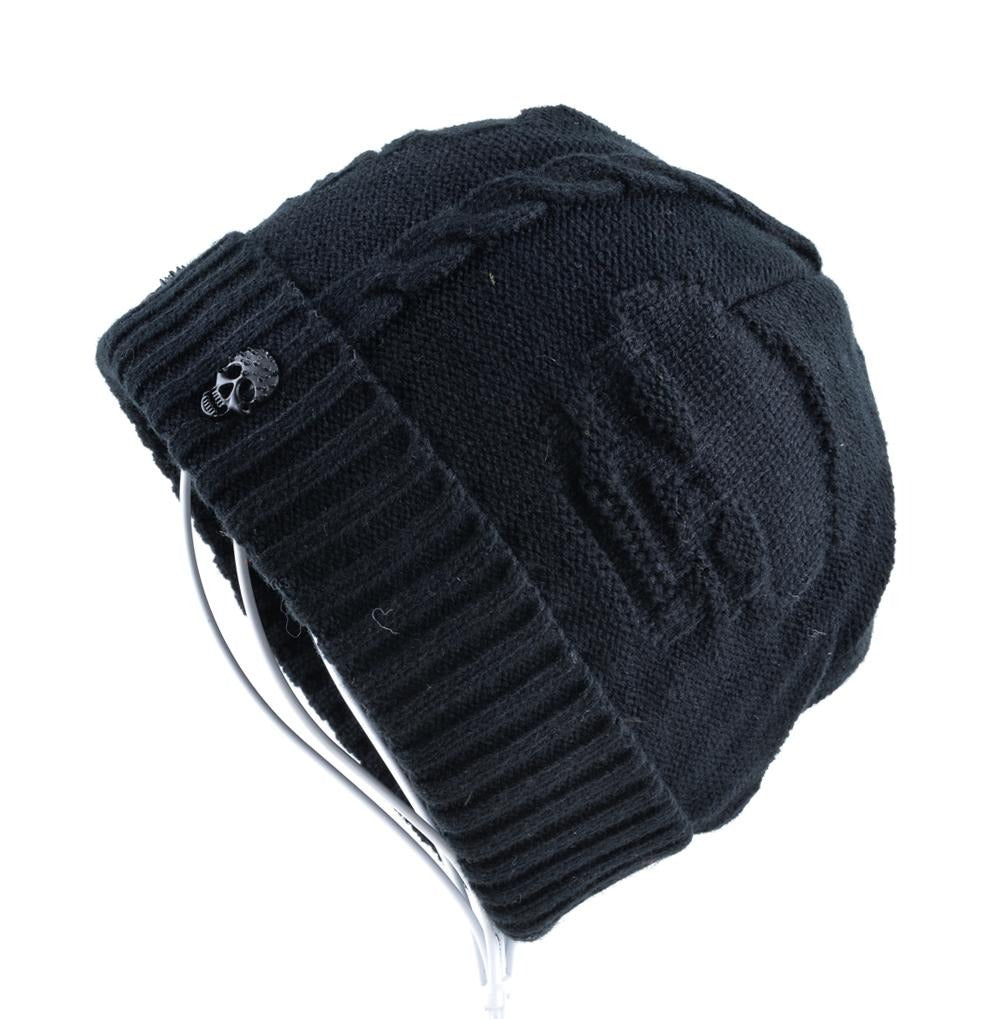 Black knitted wool beanie with skull pattern for men, stylish alternative winter hat.