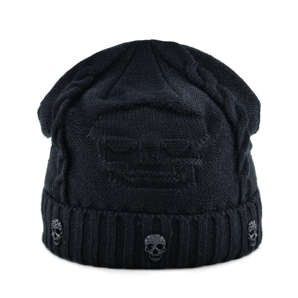 Black knitted wool beanie with skull pattern and iron skull decor for men, perfect for alternative winter fashion.