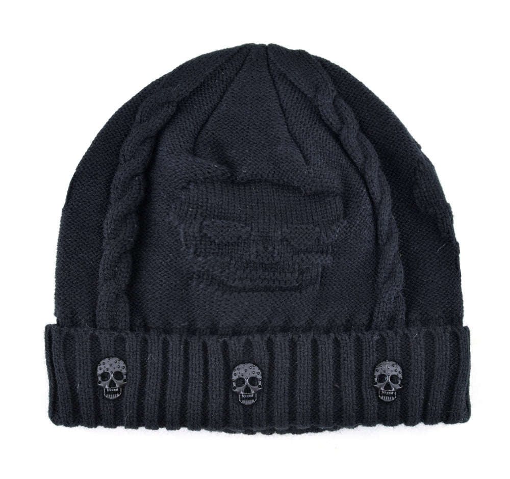 Knitted wool beanie with skull pattern for men, perfect for alternative fashion and winter street style.