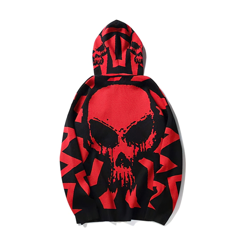 Men's punk style hoodie featuring a bold red skull print on a black background, perfect for streetwear.