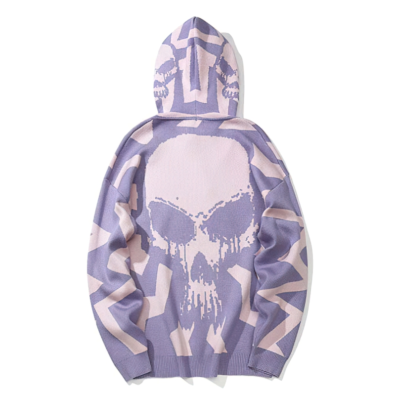 Back view of a men's knitted hoodie in purple with a large skull print, perfect for punk streetwear style.