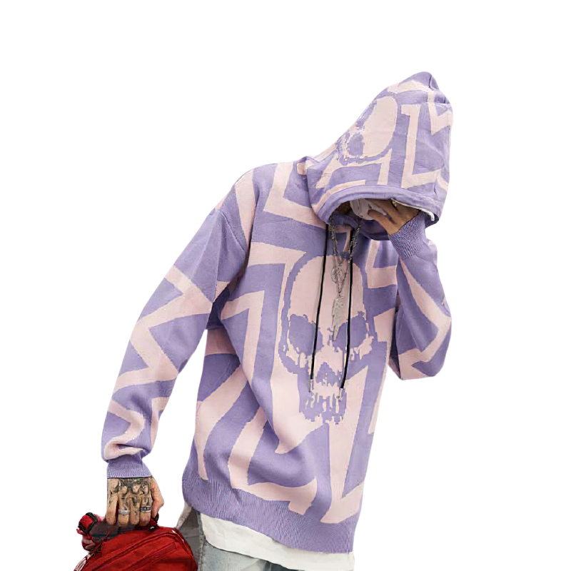 Purple skull print knitted hoodie for men, featuring a comfortable hood and punk streetwear style.