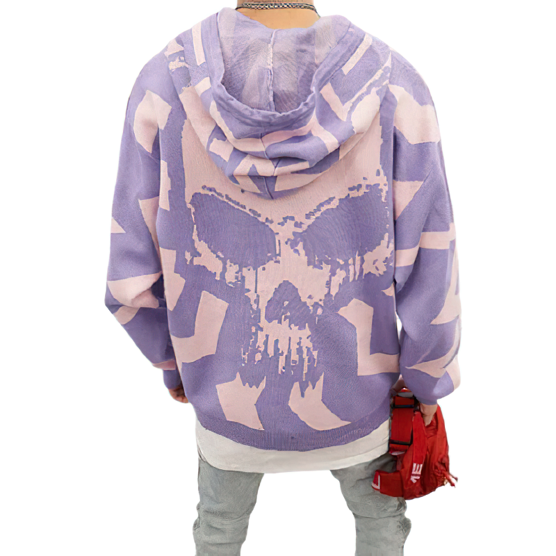 Back view of a purple skull print hoodie for men, showcasing punk streetwear style and comfortable hood.