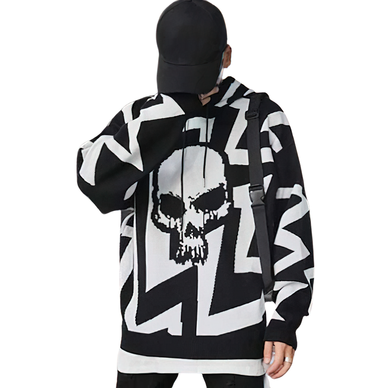 Men's punk knitted hoodie with skull print in black and white, perfect for streetwear style.