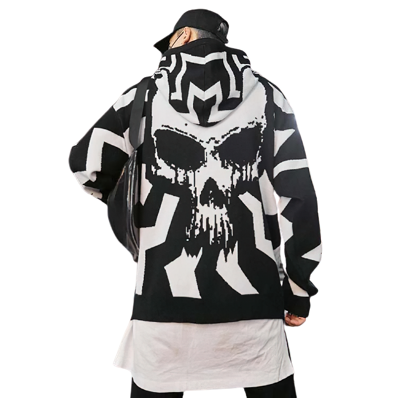 Men's skull print hoodie in punk style, featuring a bold design and comfortable hood, perfect for streetwear fashion.