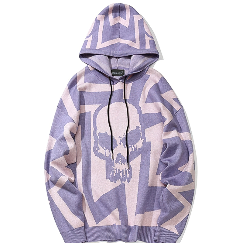 Men's knitted hoodie in purple with bold skull print, perfect for punk streetwear style.