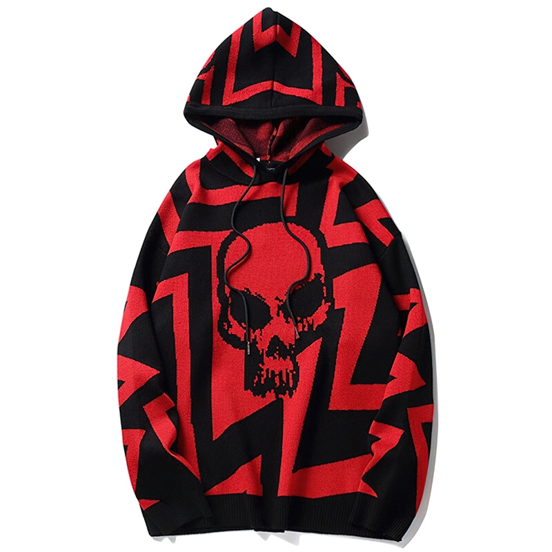 Stylish red and black knitted hoodie for men featuring a bold skull print and comfortable hood.
