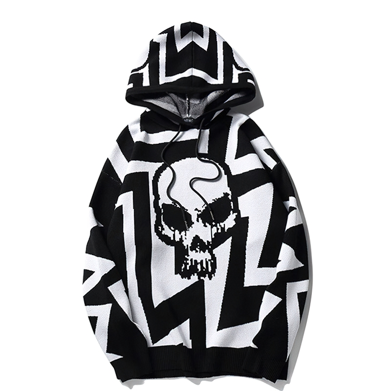 Men's knitted hoodie with skull print and geometric design, perfect for punk streetwear style.