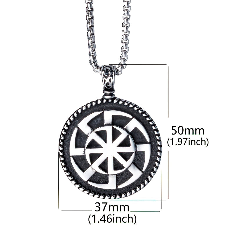 Kolovrat Pagan stainless steel pendant showing dimensions, perfect for unique cosplay or daily wear.