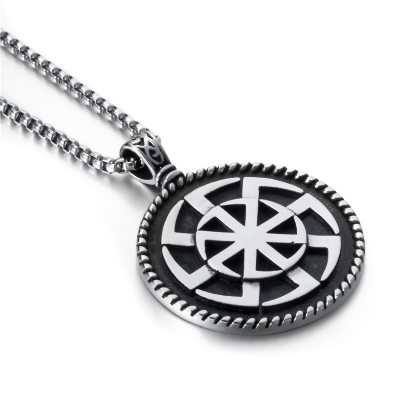 Kolovrat Pagan stainless steel pendant with intricate sun symbol on a chain, perfect for cosplay or daily wear.