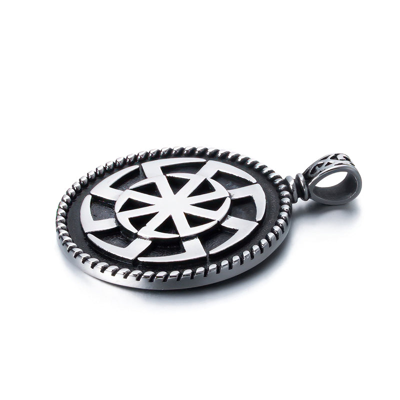 Kolovrat Pagan stainless steel pendant featuring a unique Slavic sun symbol, perfect for cosplay or daily wear.