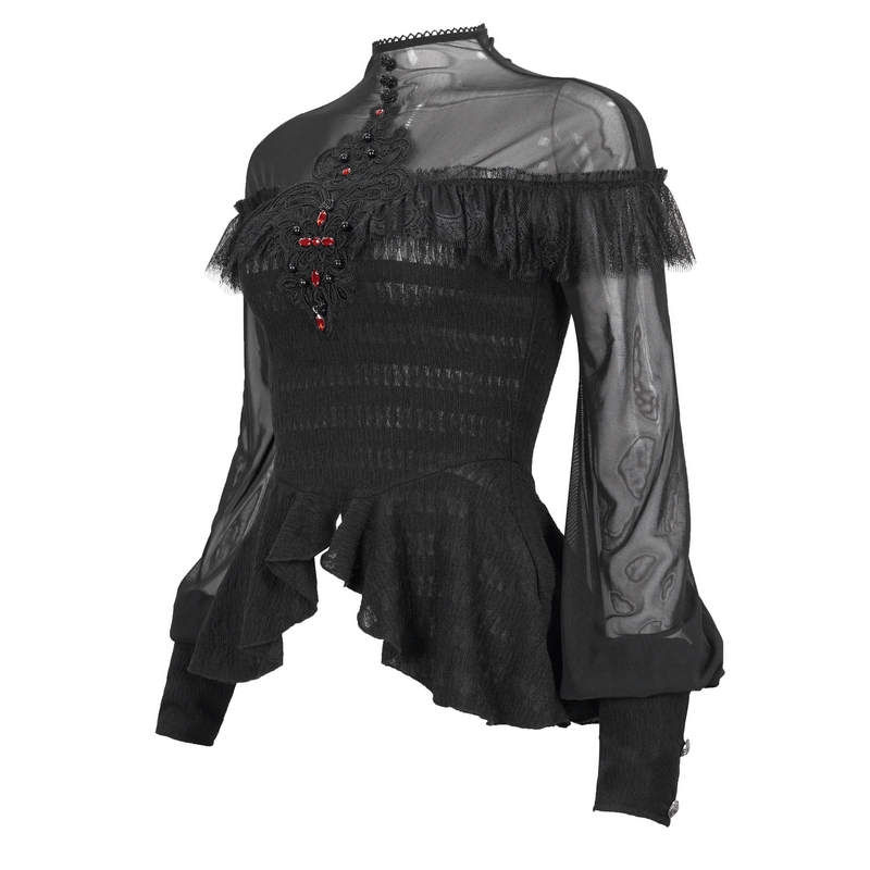 Lace Applique Beading Shirt for Women / Gothic Long Transparent Sleeve Blouse - HARD'N'HEAVY