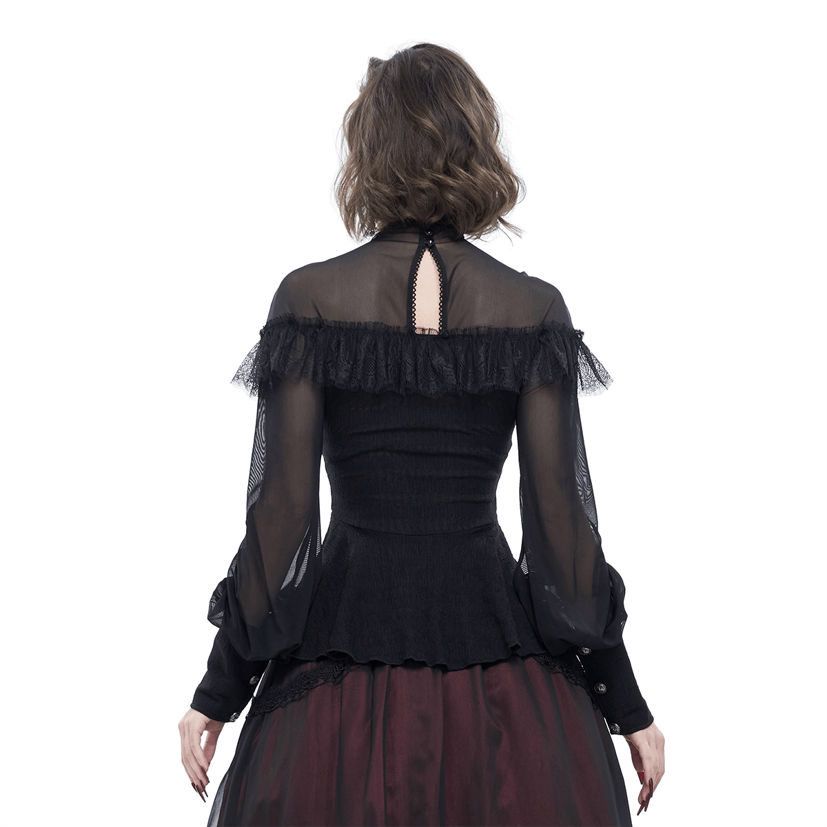 Lace Applique Beading Shirt for Women / Gothic Long Transparent Sleeve Blouse - HARD'N'HEAVY