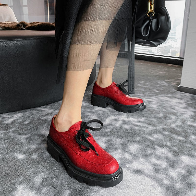 Lace Up Genuine Leather Platform Shoes / Women's Pumps With Round Toe And Square High Heels - HARD'N'HEAVY