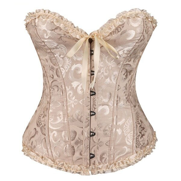 Lace-up gothic corset in elegant floral design, featuring decorative trim and front closure, perfect for plus-size femmes.