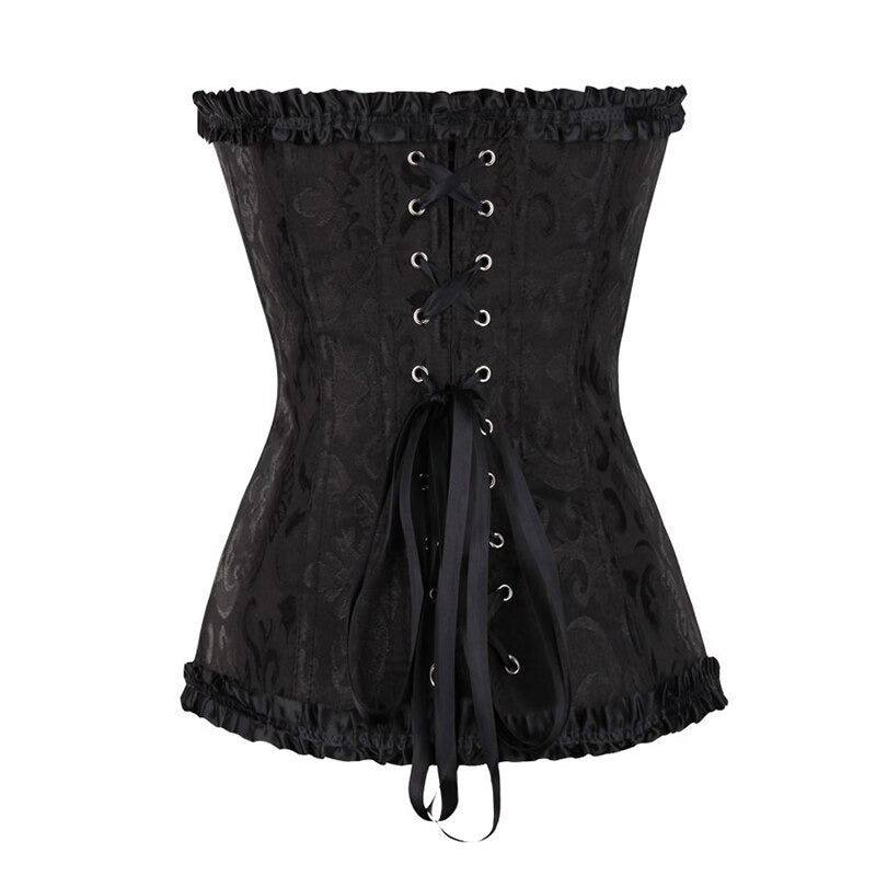 Black lace-up gothic corset for women with a floral design and ruffled edges, perfect for a stylish plus-size fit.