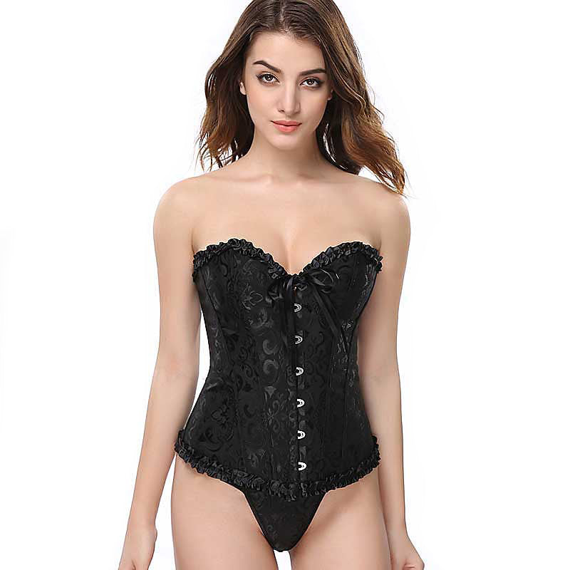 Black lace-up gothic corset for women, plus size floral design with thong, perfect for a stylish sexy look.
