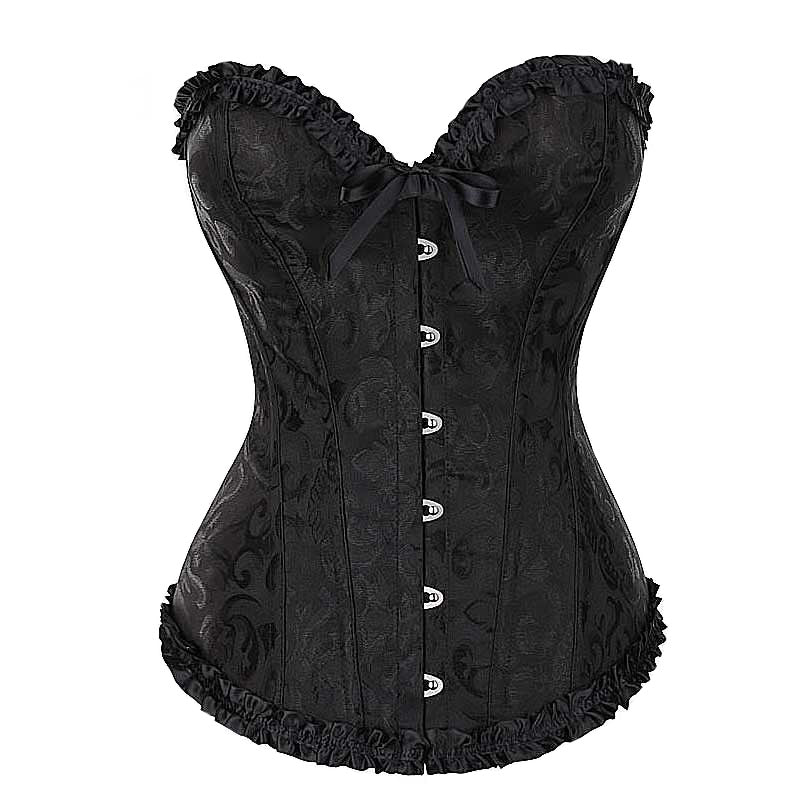 Elegant black lace-up gothic corset with ruffled trim and decorative buttons, perfect for plus size women.