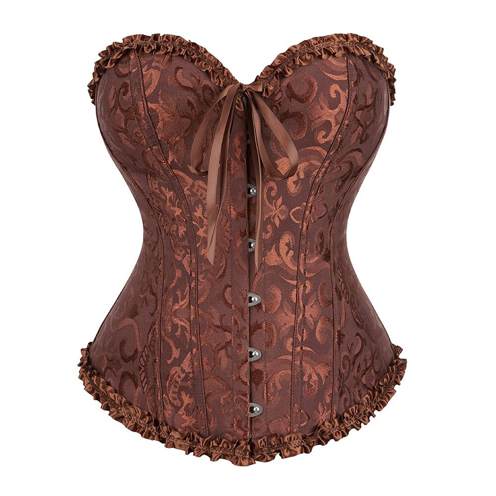 Lace-Up Gothic Corset in rich brown with floral design and frill trim, perfect for plus size women's outfits.