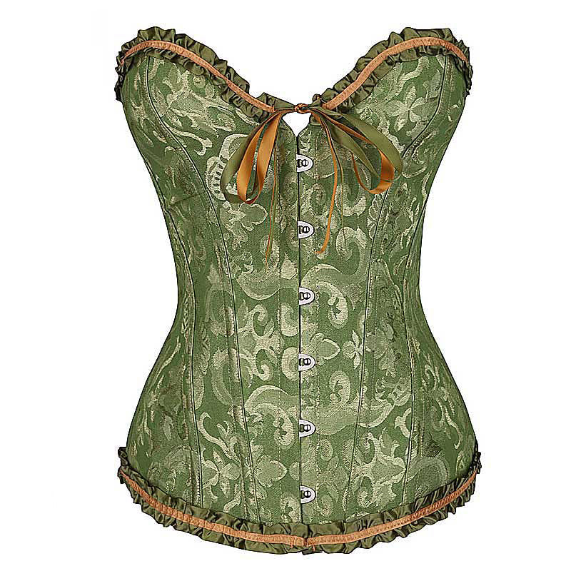 Plus size green lace-up gothic corset with floral design, ruffled edges, and decorative ribbon detail.