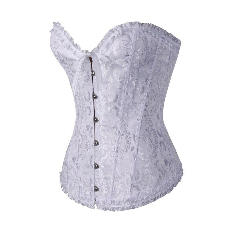 Elegant white lace-up corset with floral pattern and ruffle trim, perfect for plus size gothic fashion.
