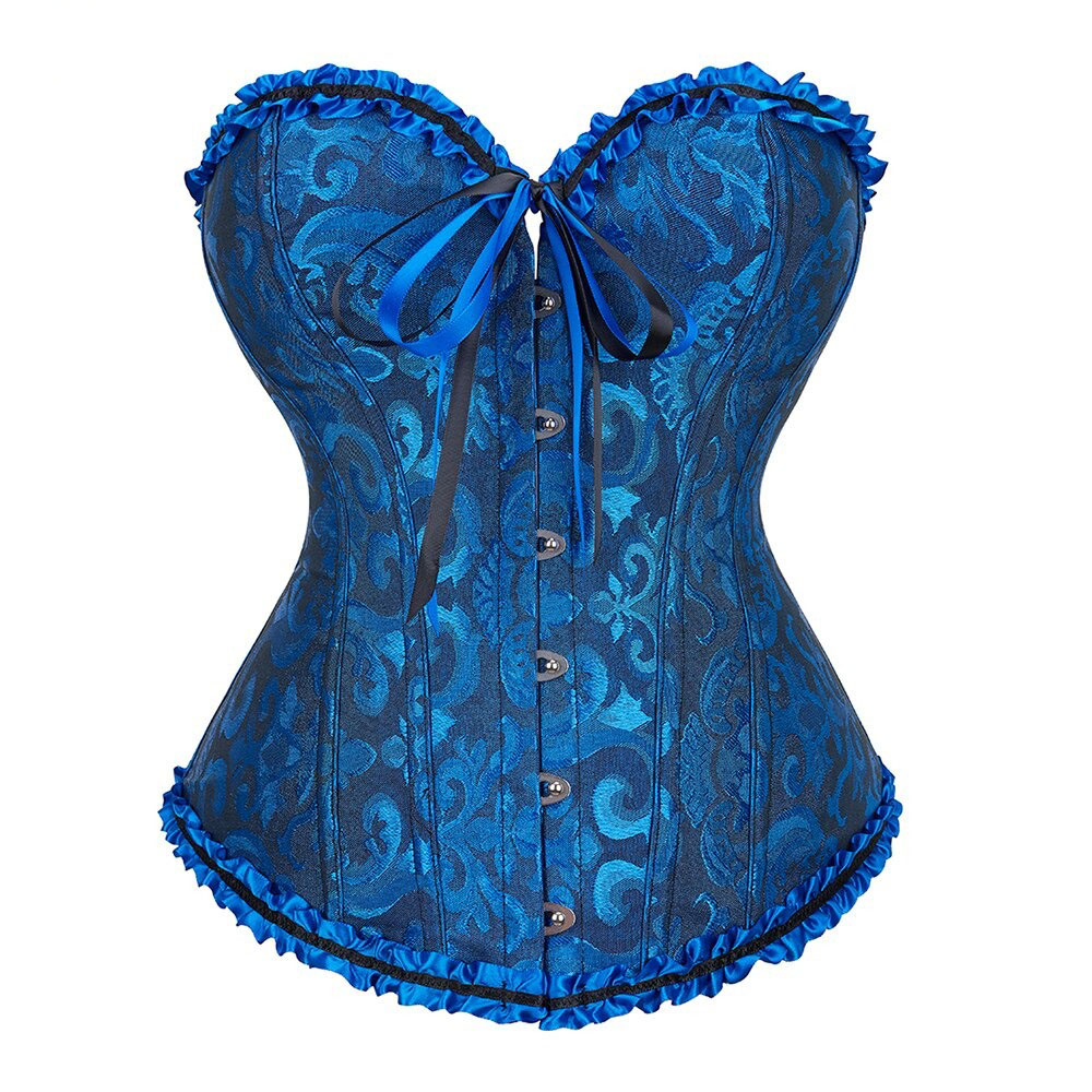 Blue lace-up gothic corset with ruffle trim and decorative bow for plus size women, stylish and comfortable fit.