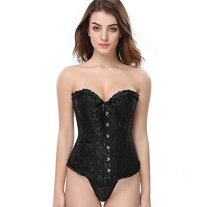 Stylish plus size lace-up gothic corset with floral accents and thong, designed for a comfortable fit.