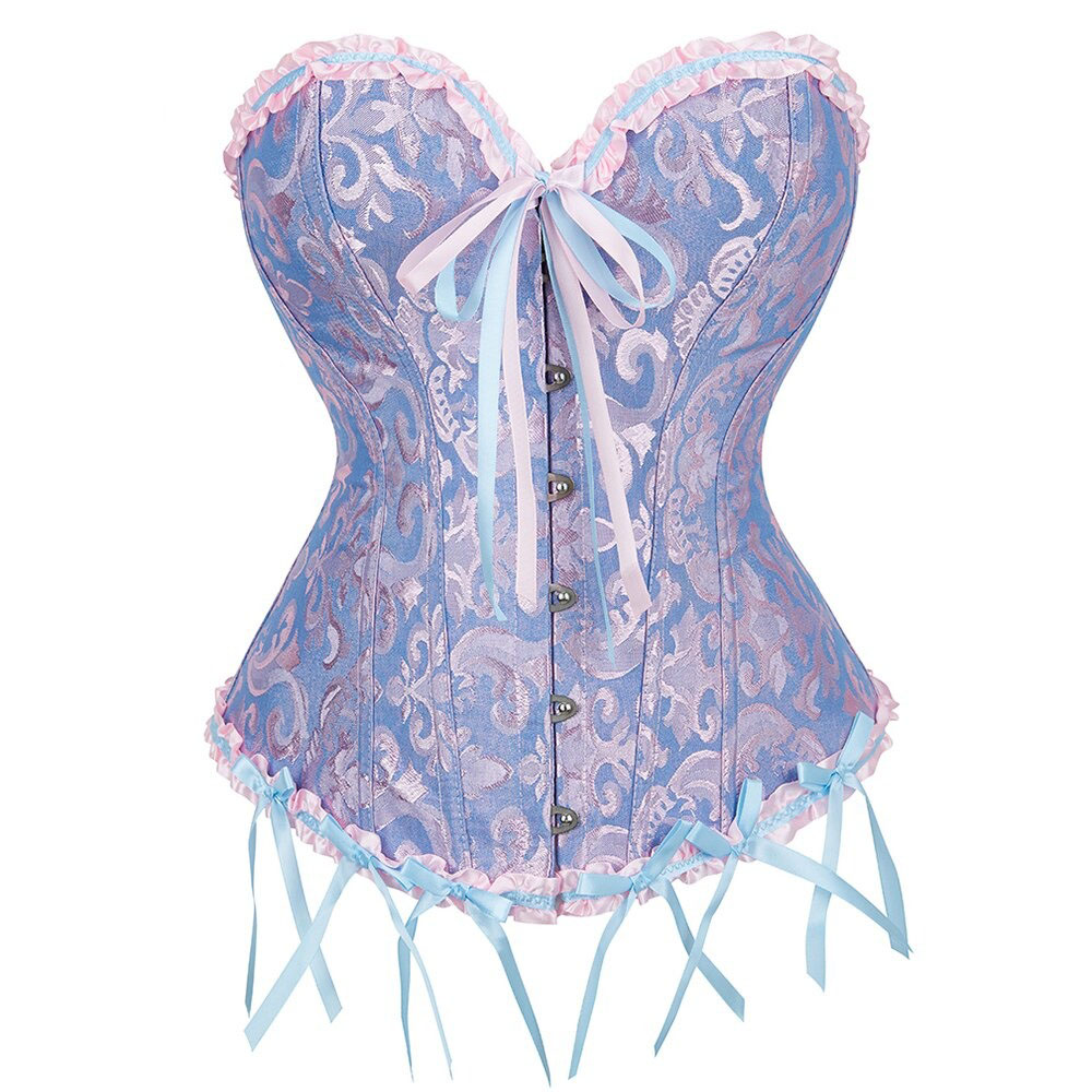 Lace-up gothic corset in blue with floral pattern and pink ruffles, perfect plus size outfit for women, stylish waist shaping.