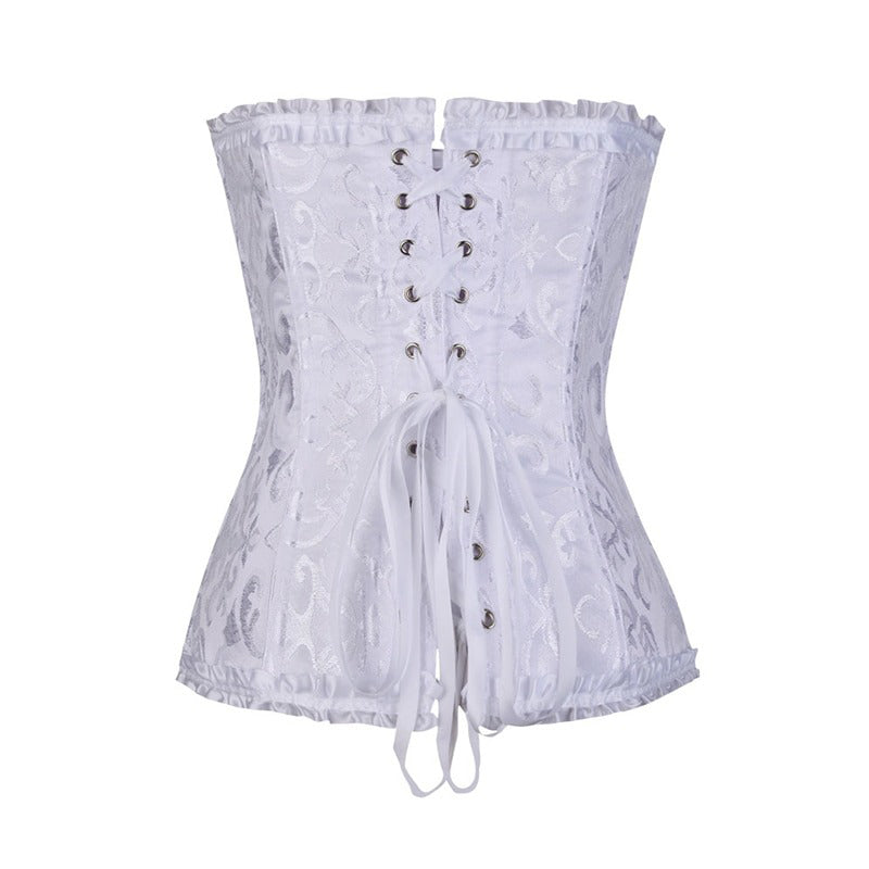 Lace-up white gothic corset with floral design, featuring a ruffled trim and adjustable back lacing for a perfect fit.