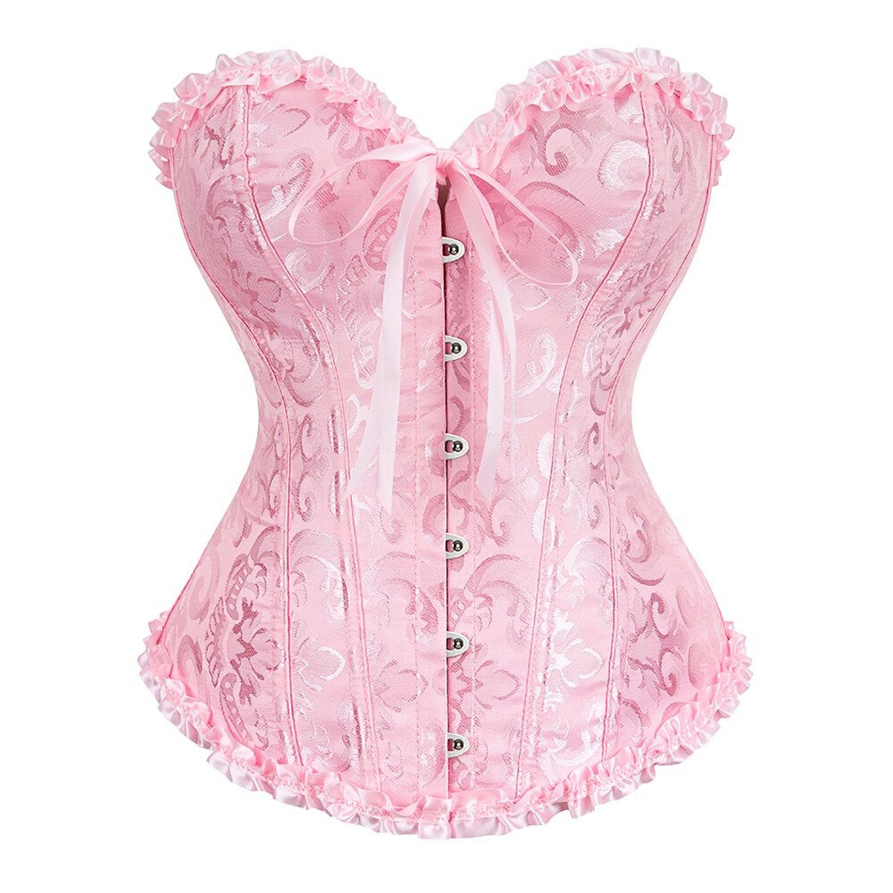 Lace-Up Gothic Corset in pink with ruffles, perfect for plus size women, featuring a decorative waist and comfortable fit.