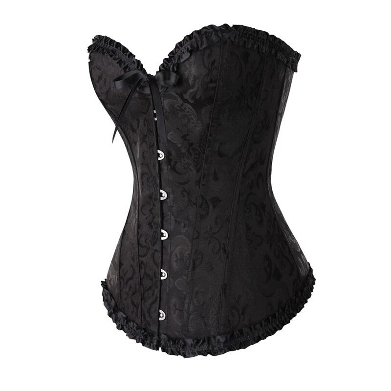 Elegant black lace-up gothic corset with floral pattern and ruffled edges, perfect for plus size women.