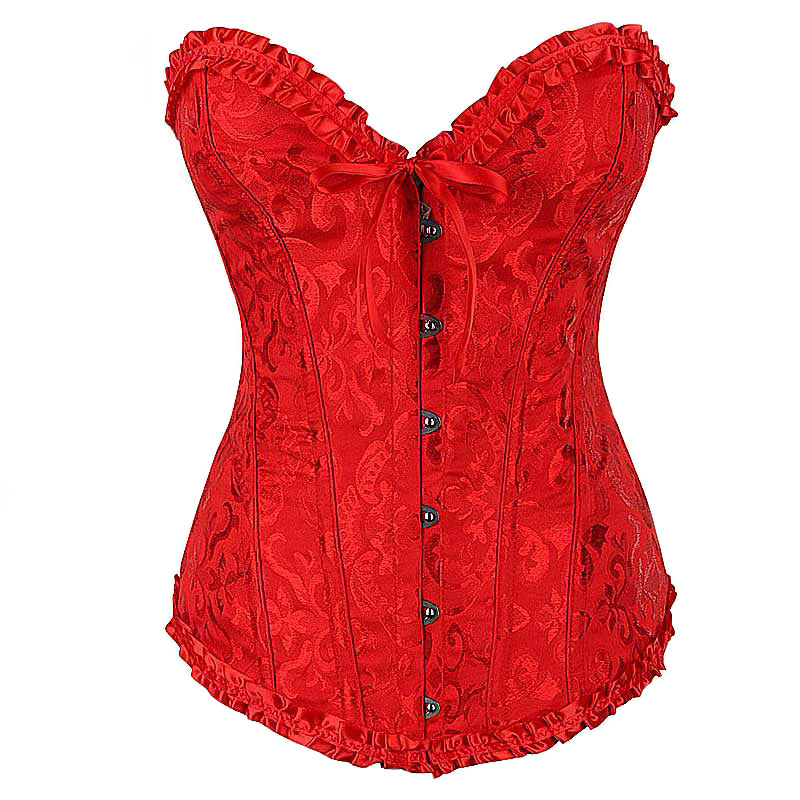 Red lace-up gothic corset with ruffled edge, perfect for plus-size women, features decorative buttons and adjustable fit.
